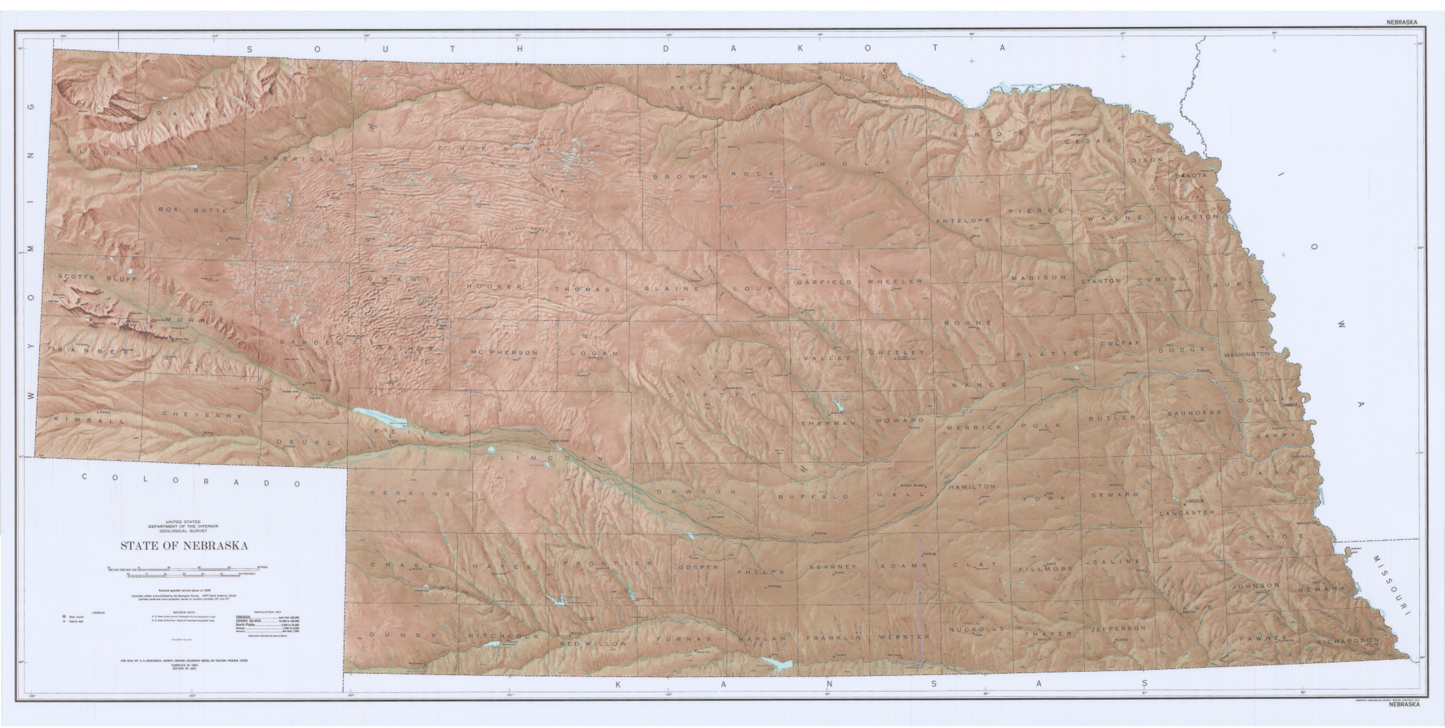 Shaded Relief Map of Nebraska