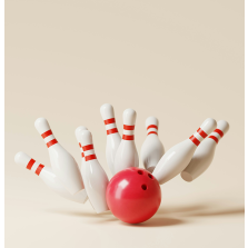 Red bowling ball striking pins.