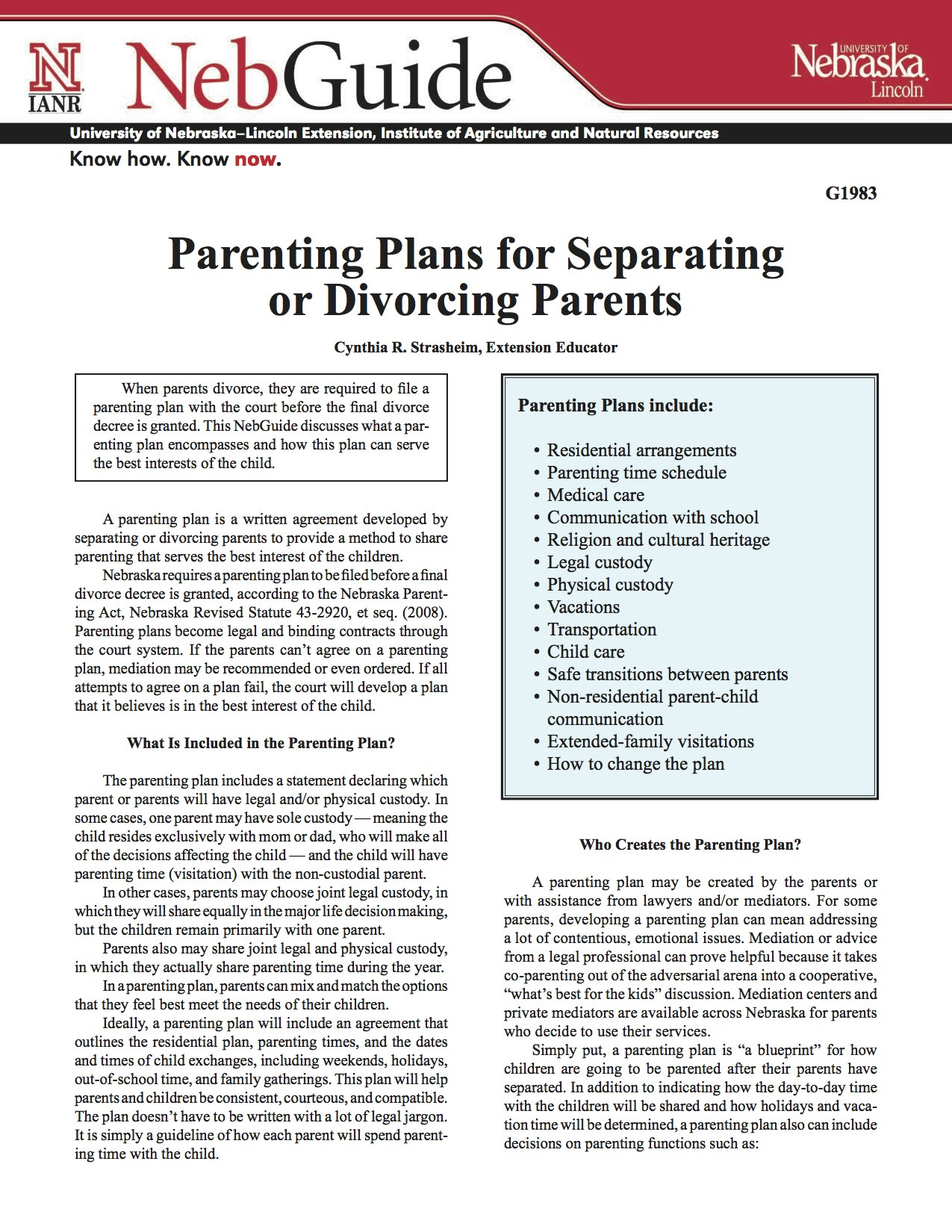 Parenting Plans for Separating or Divorcing Parents 