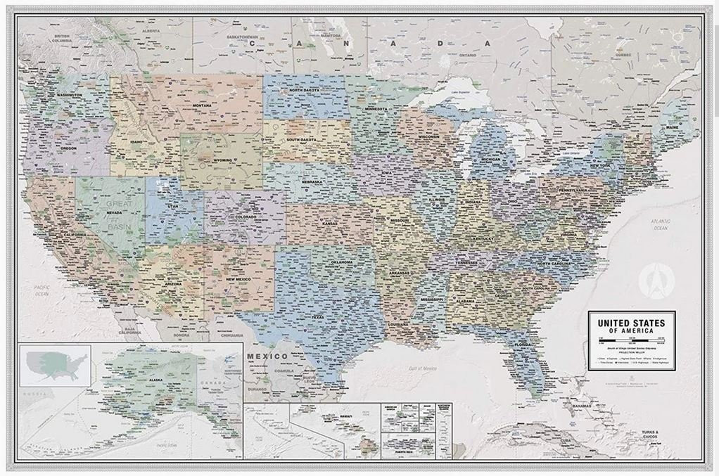 United States Odyssey Wall Map - Laminated, South of Kings Style, Size 36" x 24" (MS-6) UP-TO-DATE U.S. MAP – This U.S. map was developed by a team of cartographers and designers to ensure it’s the best-looking map available with guaranteed accurate geogr